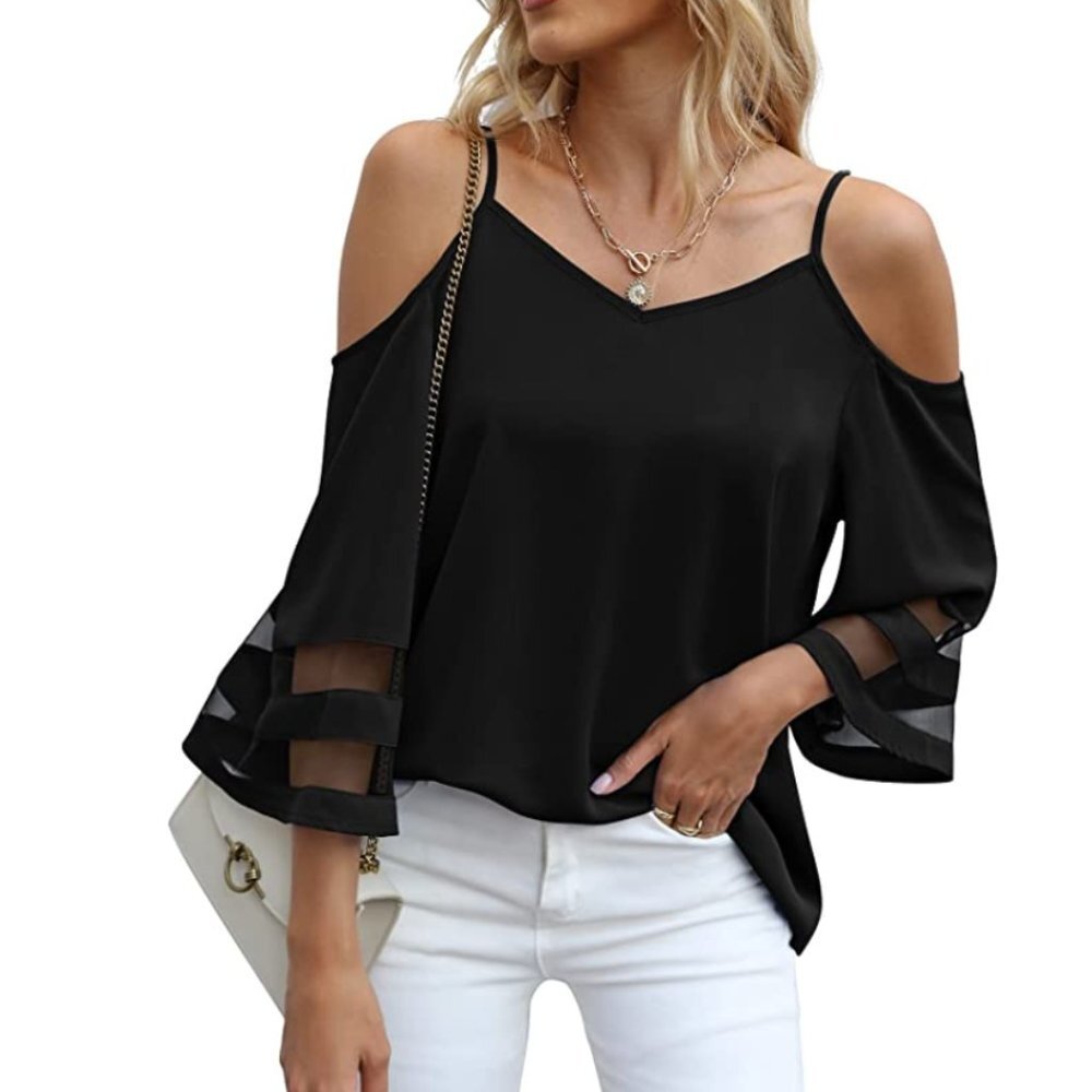Black Solid Mesh Panel 3/4 Bell Sleeve Off Shoulder Relaxed Loose Top Blouse